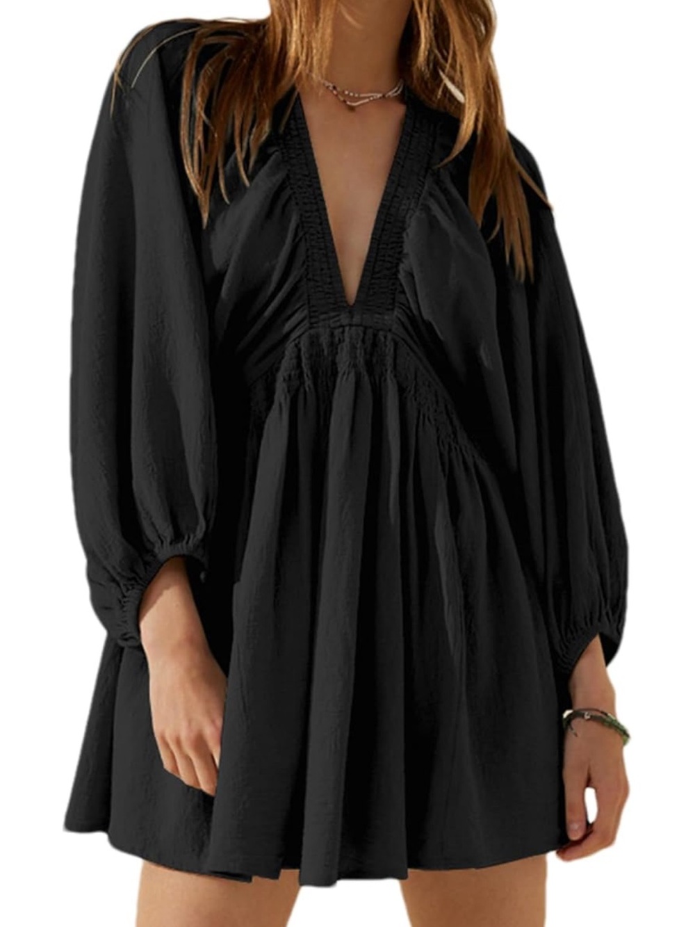 Elegant Black V-Neck Long Sleeve Mini Dress